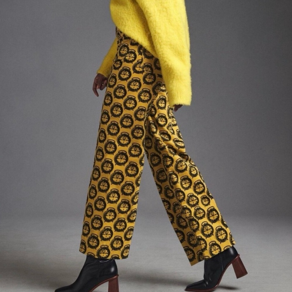 Anthropologie Yellow & Black Printed Wide-Leg Pants